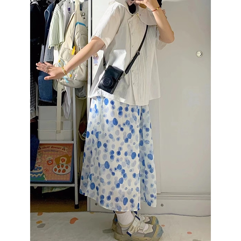 Chân Váy Chữ a Dáng Rộng Họa Tiết Chấm Bi Màu Xanh Dương Ngọt Ngào Phong Cách Nhật Bản Cho Nữ