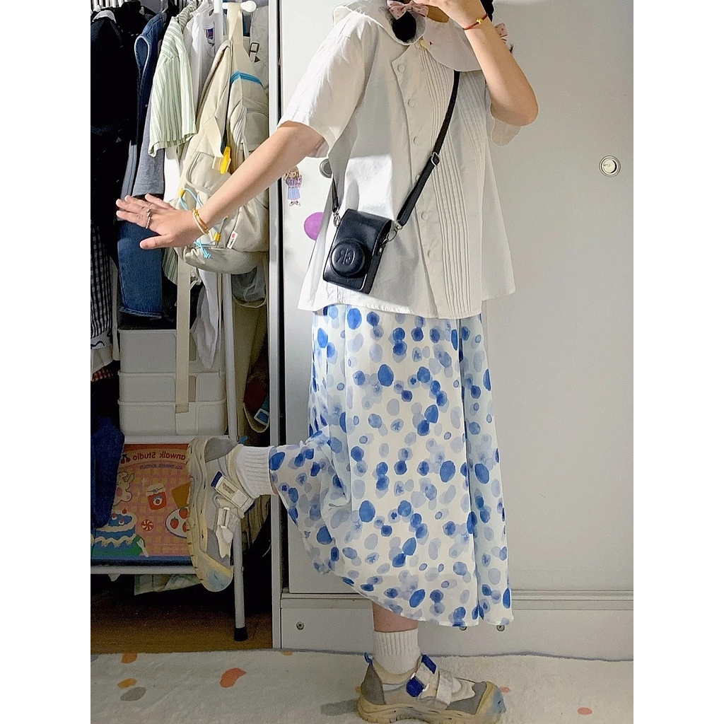 Chân Váy Chữ a Dáng Rộng Họa Tiết Chấm Bi Màu Xanh Dương Ngọt Ngào Phong Cách Nhật Bản Cho Nữ