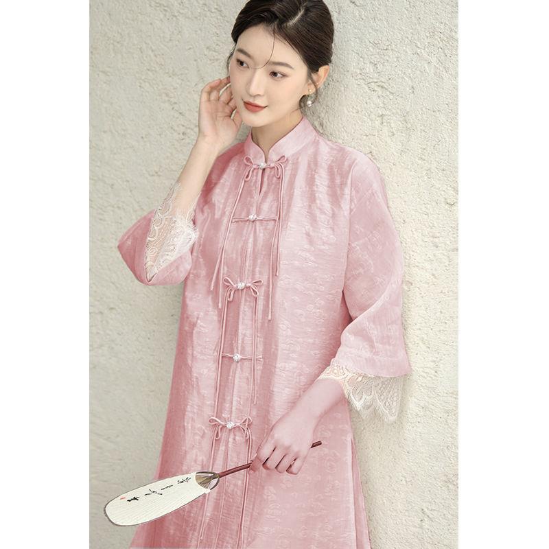 Đầm Sườn Xám Cách Tân Dáng Suông Rộng Cổ Đứng Đính Ngọc Trai Kiểu Trung Hoa Thời Trang Xuân Hè 2023