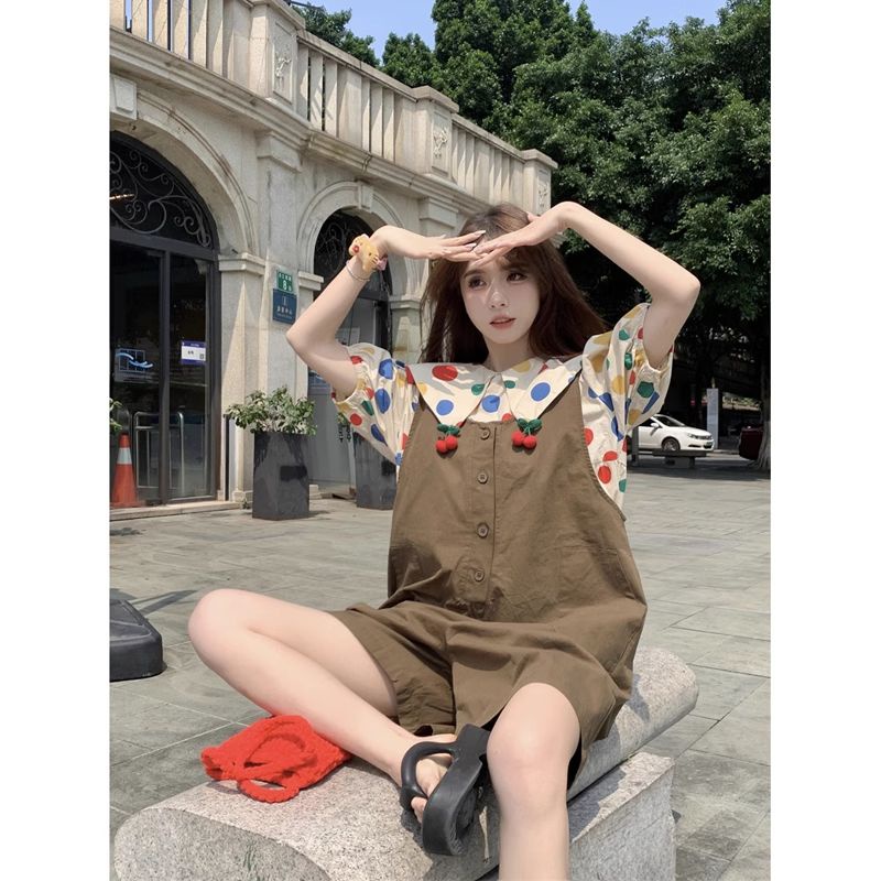 Áo Sơ Mi Tay Ngắn Cổ Búp Bê Họa Tiết Chấm Bi Nhiều Màu Sắc Kèm Quần Yếm Ngắn Ống Rộng Thời Trang Mùa Hè Cho Nữ