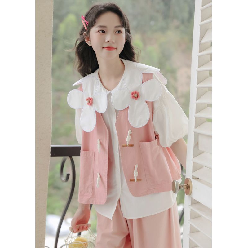 Set Áo Sơ Mi Trắng Và Áo Khoác Ghi Lê Họa Tiết Hoa Nhỏ Xinh Xắn Phong Cách Nhật Bản