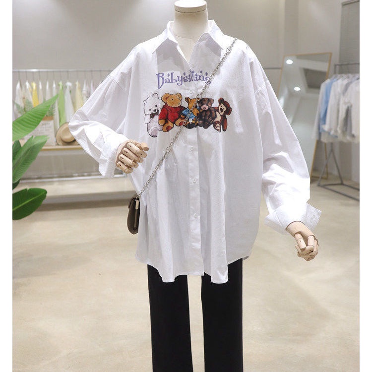 Áo Sơ Mi Cotton Tay Dài Dáng Rộng In Hình Gấu Hoạt Hình Phong Cách Hàn Quốc Thời Trang Xuân Thu Cho Nữ