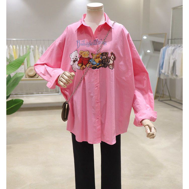 Áo Sơ Mi Cotton Tay Dài Dáng Rộng In Hình Gấu Hoạt Hình Phong Cách Hàn Quốc Thời Trang Xuân Thu Cho Nữ