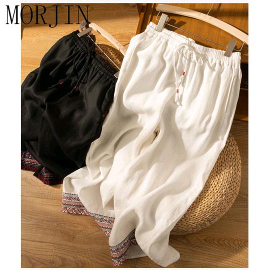 Hàng Mới Về Mới Quần Cotton Lanh Ống Rộng Thêu Họa Tiết Phong Cách Mới Cho Nữ