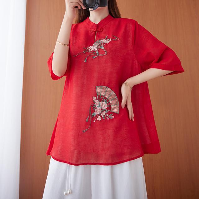 Hàng Mới Về Mới Áo Sơ Mi Cotton Lanh Tay Ngắn Dáng Rộng Phong Cách Trung Hoa Thời Trang Mùa Hè 2023 Cho Nữ