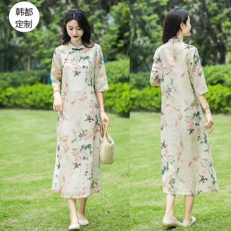 Đầm Sườn Xám Cách Tân Tay Lửng In Họa Tiết Thời Trang Cao Cấp