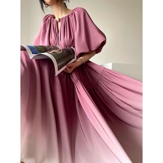 Đầm Dài Dáng Rộng Cổ Chữ v Tay Phồng Màu Hồng Gradient Kiểu Pháp Thời Trang Mùa Hè Cho Nữ