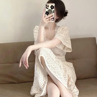 Đầm Cổ Vuông Eo Cao Thêu Họa Tiết Rỗng Phong Cách Pháp Thời Trang Mùa Hè Hàng Mới 2023