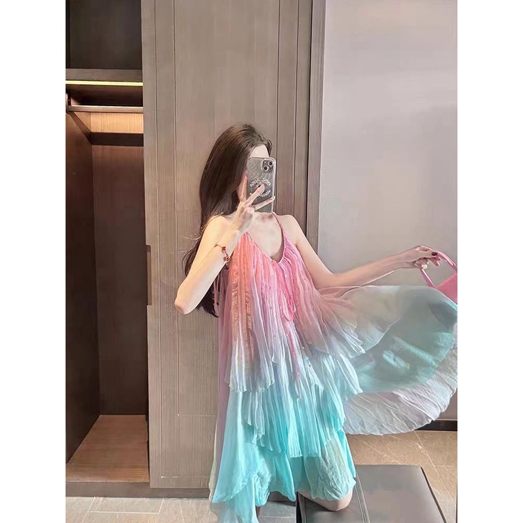 Hàng Có Sẵn Đầm Hai Dây Mùa Hè 2023 Thiết Kế Mới Màu Hồng Phong Cách Pháp Gợi Cảm Cho Nữ