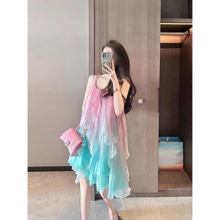 Hàng Có Sẵn Đầm Hai Dây Mùa Hè 2023 Thiết Kế Mới Màu Hồng Phong Cách Pháp Gợi Cảm Cho Nữ
