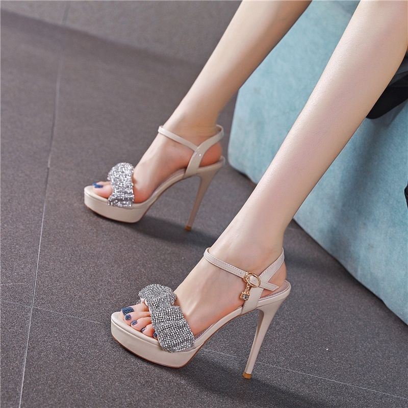 Giày Sandal Cao Gót Đế Xuồng Hở Ngón Quai Đính Đá Thời Trang Mùa Hè 2023 Cho Nữ