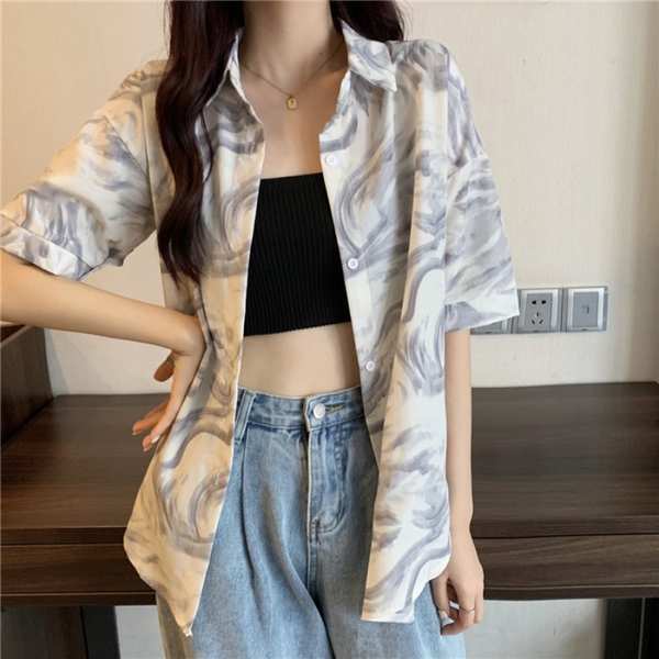 Tranh sơn dầu cổ điển cà vạt nhuộm áo sơ mi ngắn tay top cho phụ nữ mùa hè cảm giác thiết kế mỏng, niche high-end sense, áo khoác chống nắng áo khoác