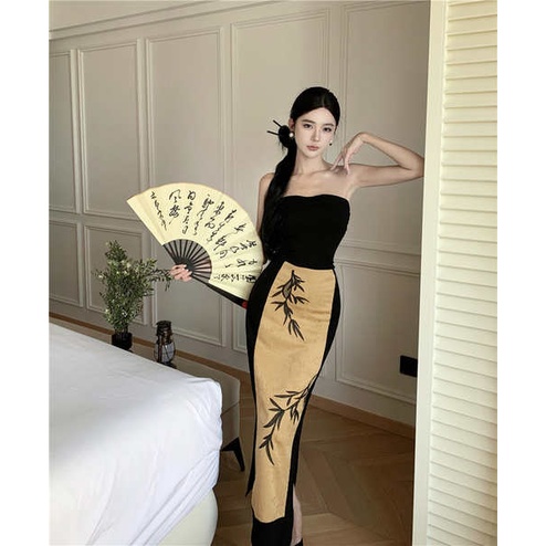 Đầm Ống Mỏng Vừa Vặn Mùa Hè 2023 Màu Sắc Tương Phản Phong Cách Trung Hoa Cổ Điển