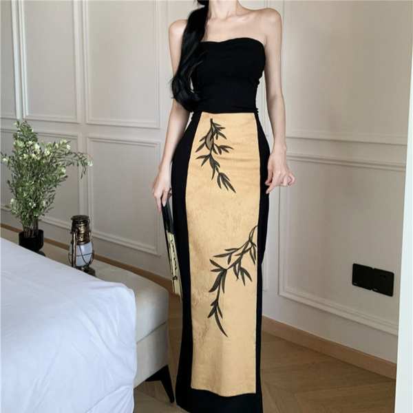 Đầm Ống Mỏng Vừa Vặn Mùa Hè 2023 Màu Sắc Tương Phản Phong Cách Trung Hoa Cổ Điển