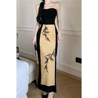 Đầm Ống Mỏng Vừa Vặn Mùa Hè 2023 Màu Sắc Tương Phản Phong Cách Trung Hoa Cổ Điển