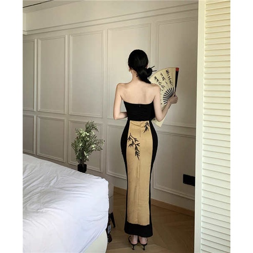 Đầm Ống Mỏng Vừa Vặn Mùa Hè 2023 Màu Sắc Tương Phản Phong Cách Trung Hoa Cổ Điển