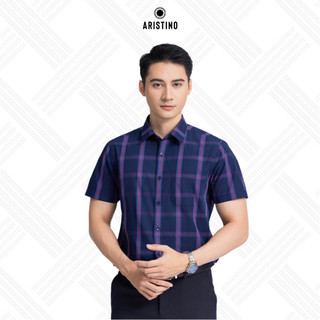  Áo sơ mi nam ngắn tay ARISTINO phom Regular fit suông nhẹ màu xanh than kẻ đỏ độc đáo ấn tượng  - ASS009AZ 