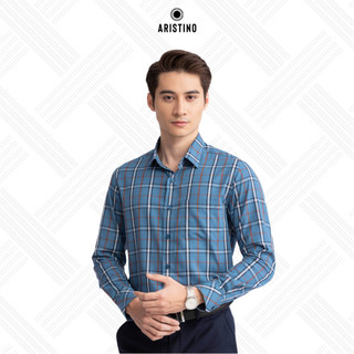  Áo sơ mi nam dài tay ARISTINO phom Regular fit suông nhẹ màu xanh kẻ cam tinh tế ấn tượng  - ALS19302 