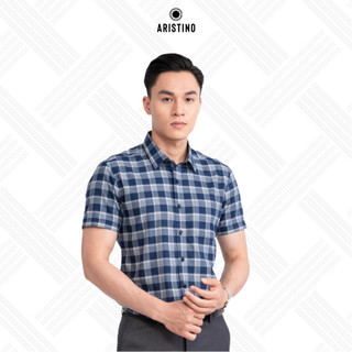  Áo sơ mi nam ngắn tay ARISTINO Regular fit suông nhẹ màu xanh kẻ trắng độc đáo - ASS026S3 