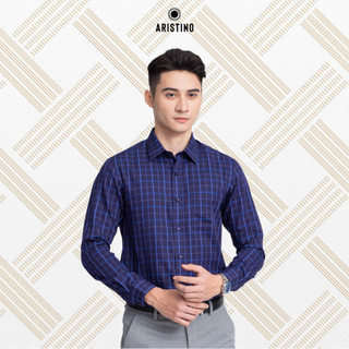  Áo sơ mi dài tay nam xanh tím than ARISTINO regular suông nhẹ họa tiết kẻ caro ALS12102 