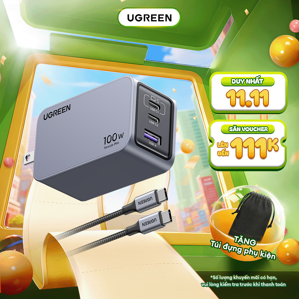 Bộ sạc nhanh UGREEN 100W Nexode GaN Pro X757 | 3 cổng sạc USB C/USB A | Kèm cáp sạc nhanh Type-C 100