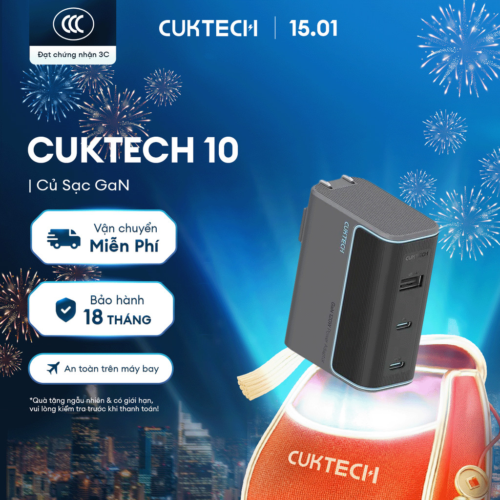 Củ Sạc GaN CUKTECH 10 2C1A | Công Suất 100W Max | Hỗ Trợ Sạc Nhanh | 3 Cổng | Bảo Hành 18 Tháng AD10