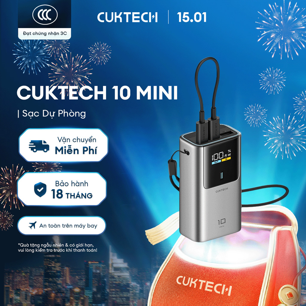 CUKTECH 10 MINI Sạc Di Động 2C1A | Sạc Nhanh 55W Max | Dung Lượng 10.000mAh | Bảo Hành 18 Tháng PB10