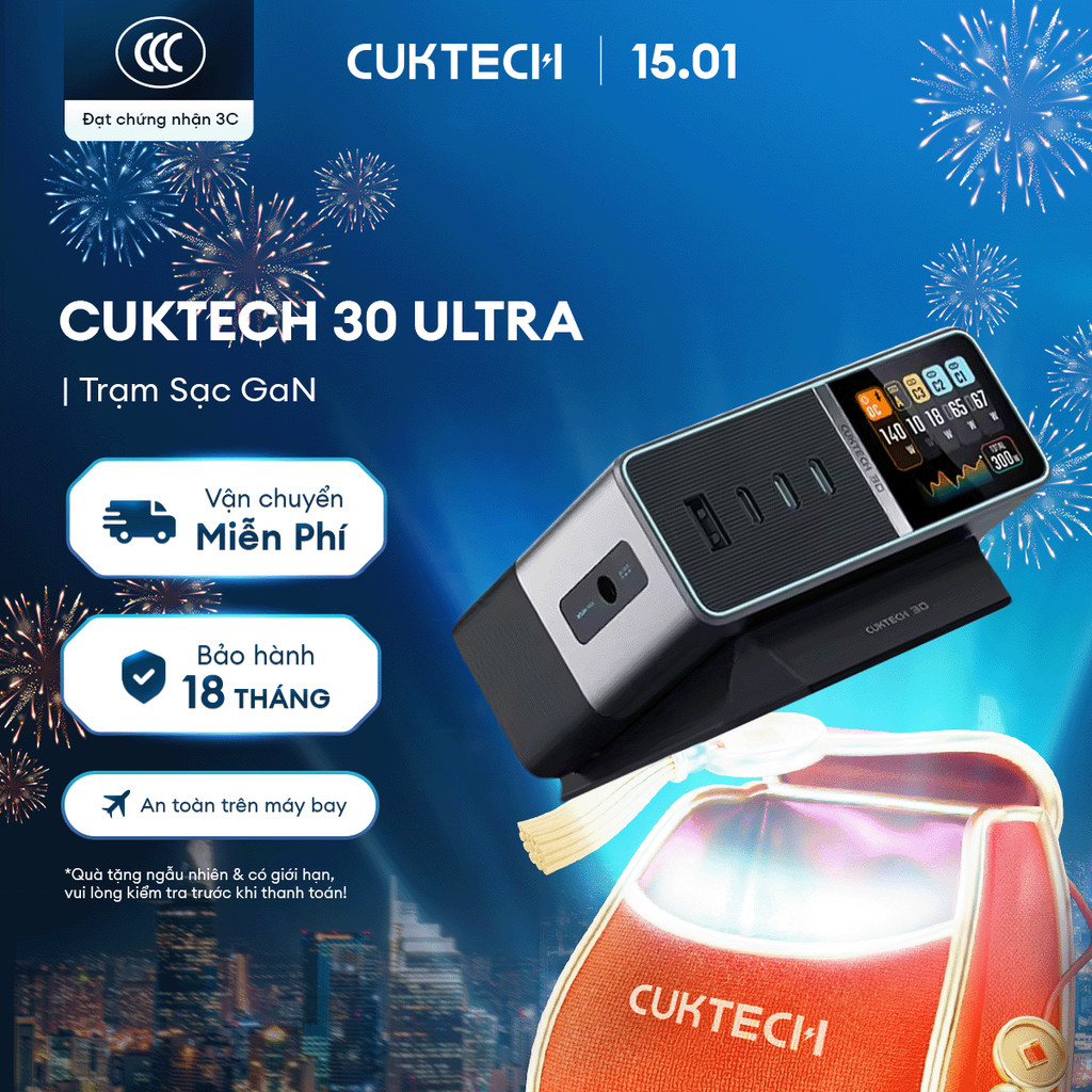 Trạm Sạc GaN CUKTECH 30 ULTRA 3C1A1DC | Công Suất Max 300W | Màn Hình 1.83 Inch | Bảo Hành 18 Tháng 