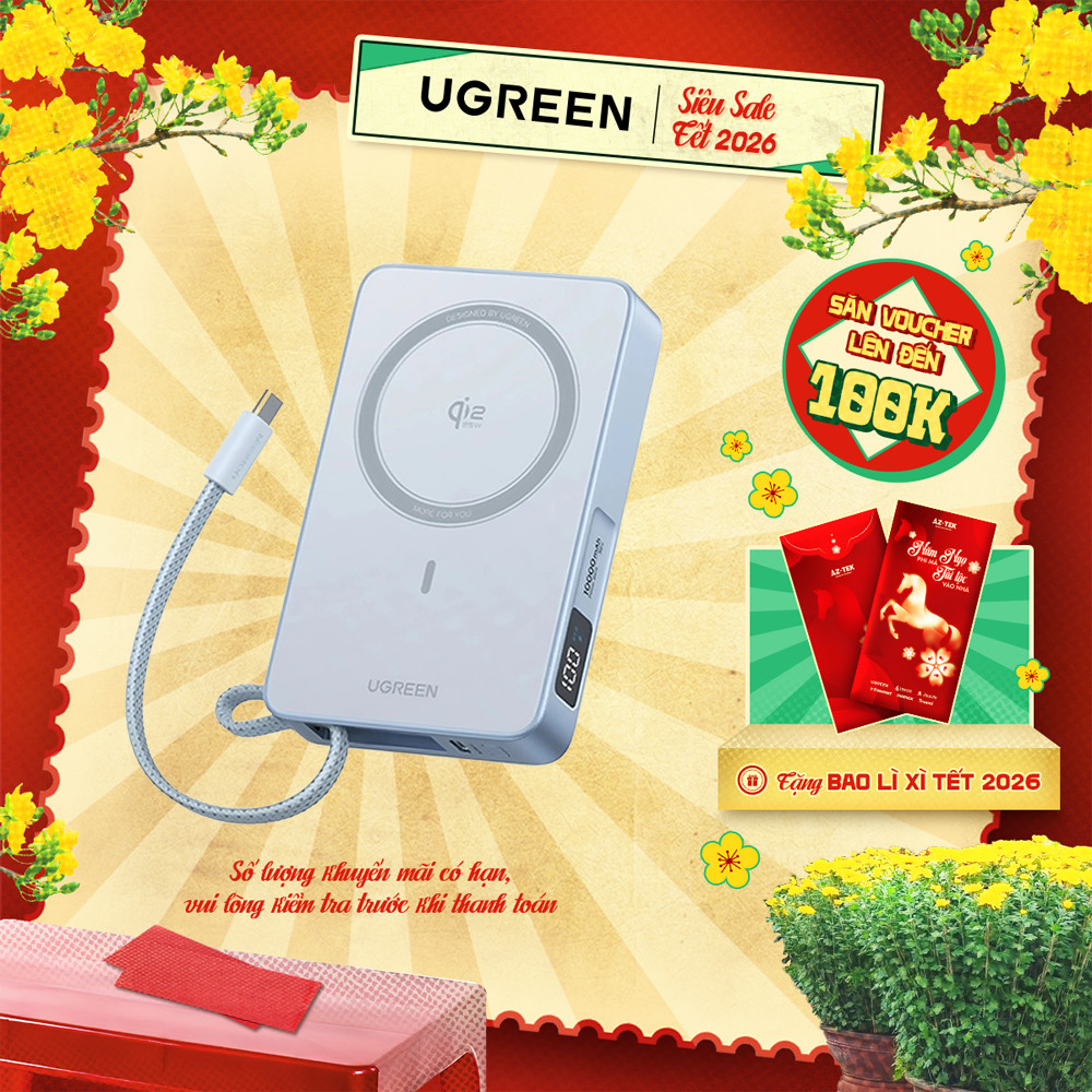 Sạc di động Qi2.2 Ugreen PB773 | Sạc không dây 25W/ Có dây 30W | 10000mAh | BH 18 tháng 1 đổi 1 | 65