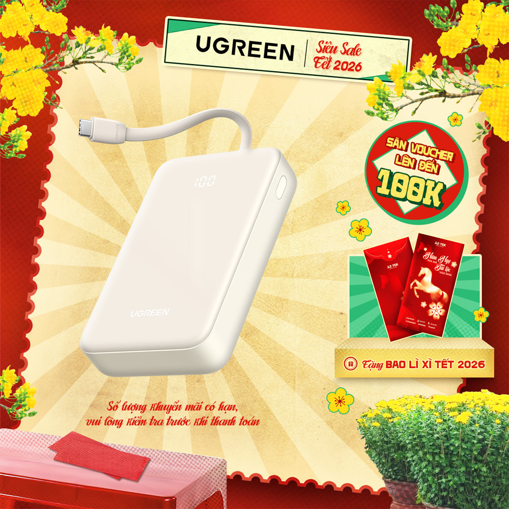 Pin sạc dự phòng 20000mAh Ugreen PB505 | Sạc nhanh 20W | Cáp USB-C tích hợp | Bảo hành 18 tháng 1 đổ