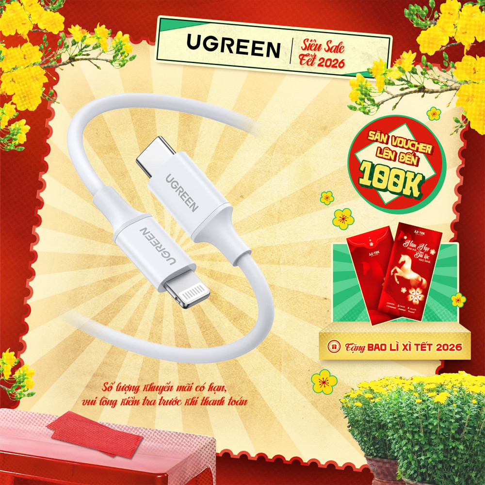 Cáp sạc USB C sang Lightning Ugreen US171 đạt chuẩn MFi 60W PD | Sạc nhanh | Tốc độ truyền 480Mbps |