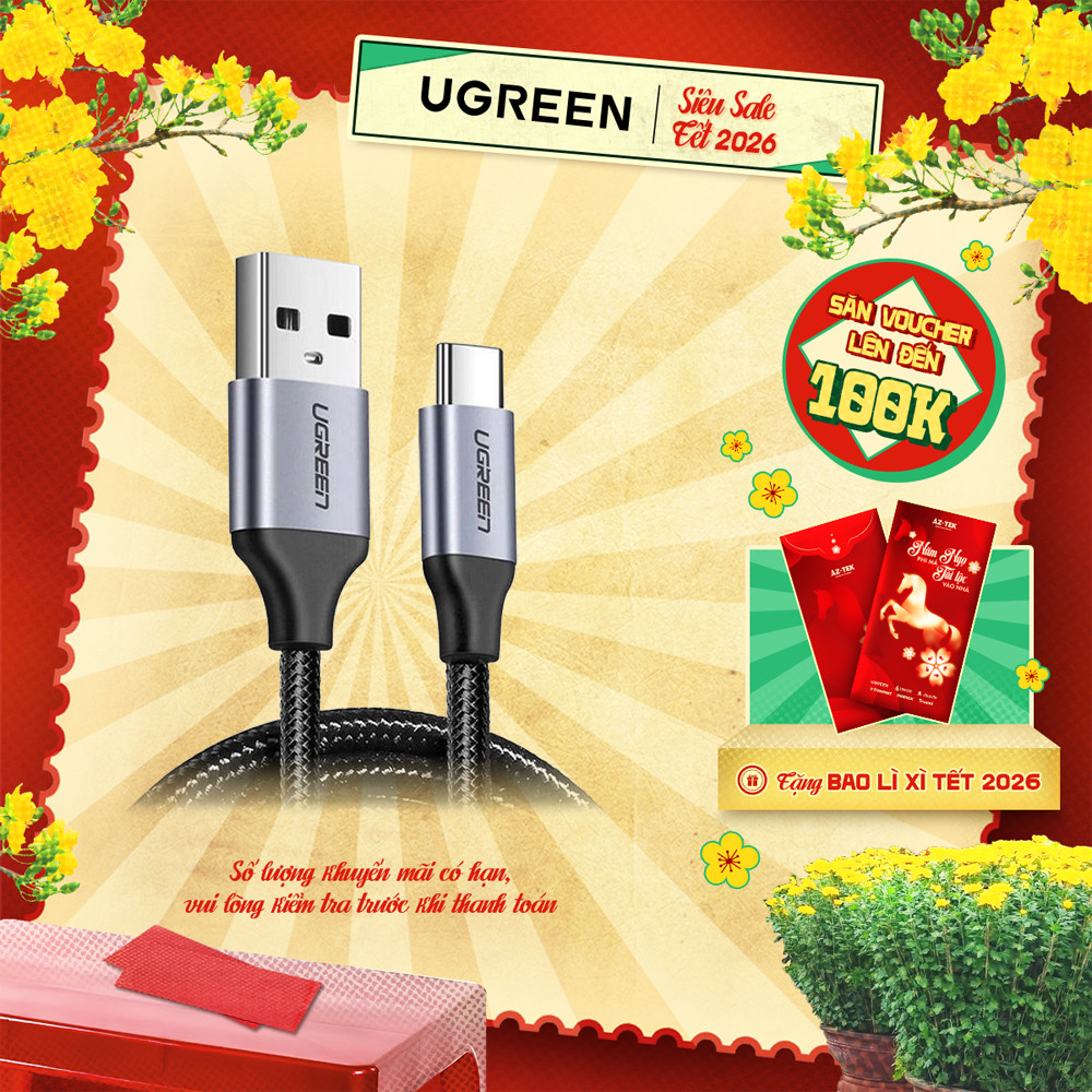 Cáp sạc USB 2.0 A sang Type C Ugreen US288 | Dòng sạc 3A 15W 18W | Hỗ trợ QC 3.0 | Bảo Hành 1 đổi 1 