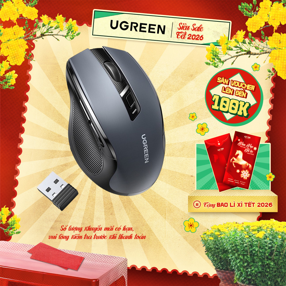 Chuột không dây Ugreen MU006 Chế Độ Kép Chuột Ergonomic 4000 DPI | 6 Nút Tắt Tiếng | BH 18 tháng 1 đ