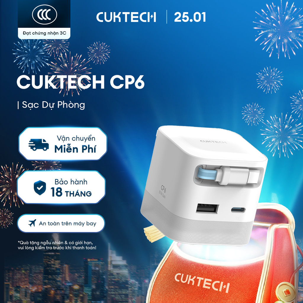 Củ Sạc GaN CUKTECH CP6 Kèm Cáp C Rút Gọn | Công Suất Sạc MAX 67W | Cổng Sạc 2C1A | Bảo hành 18 Tháng