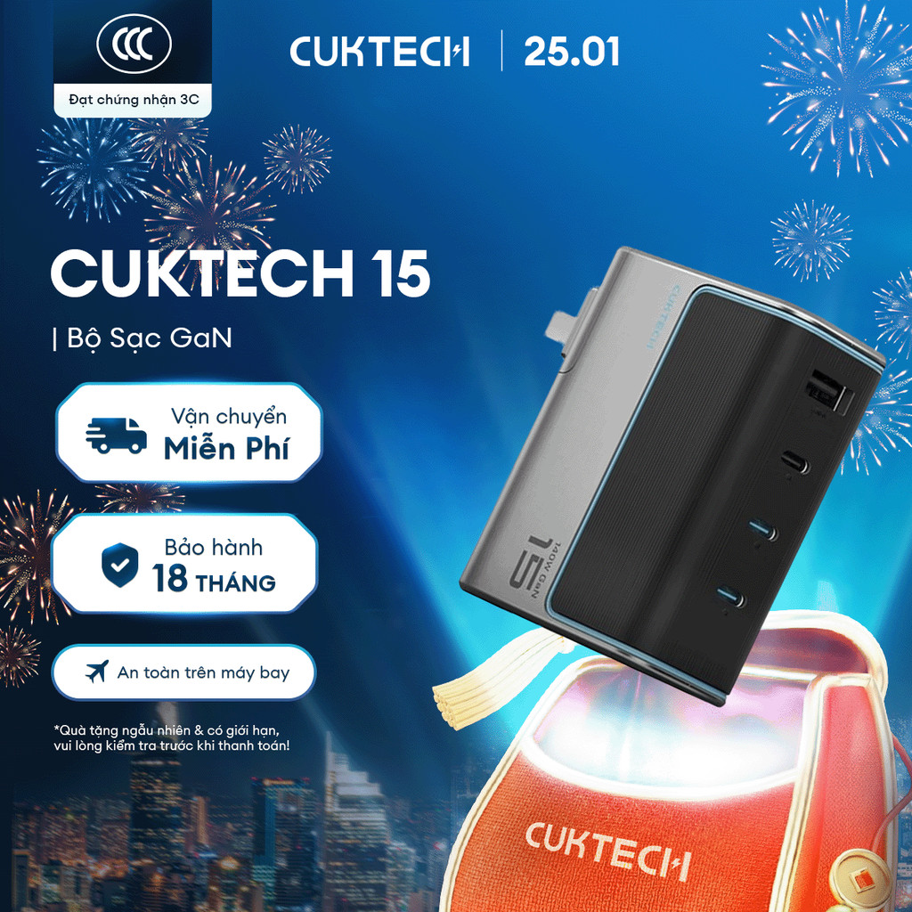 Củ Sạc GaN CUKTECH 15 3C1A | Công Suất 140W | Hỗ Trợ Sạc Nhanh | Bảo Hành 18 Tháng AD1404U