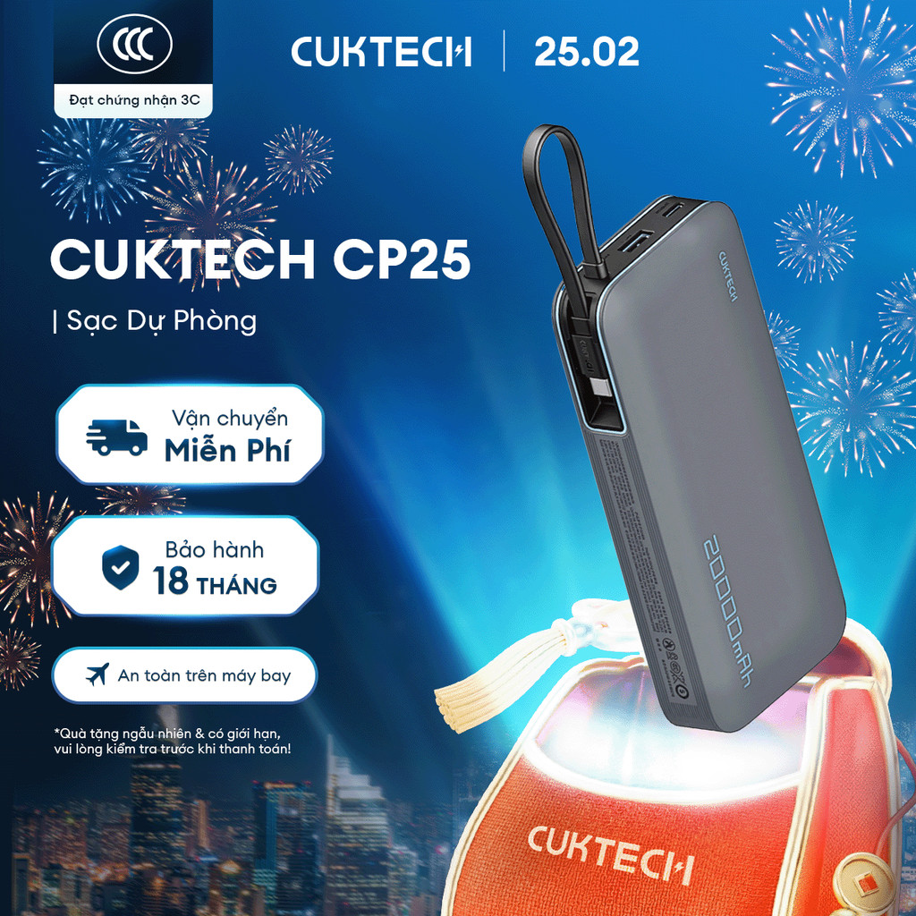 CUKTECH CP25 Sạc Di Động Kèm Cáp | Sạc Nhanh 55W Max | Dung Lượng 20.000mAh | Bảo Hành 18 Tháng PB200N