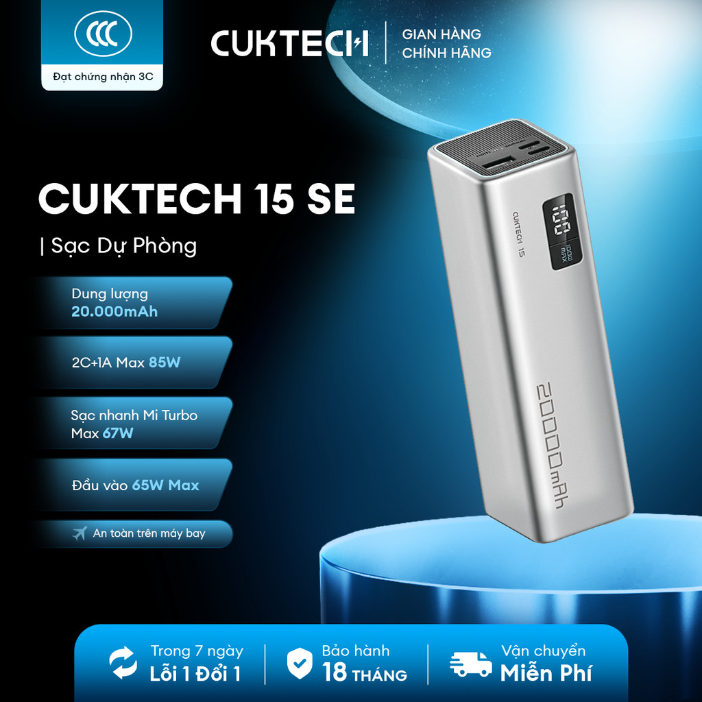 CUKTECH 15 SE Sạc Di Động 2C1A | Công Suất 100W Max | Dung Lượng 20.000mAh | Bảo Hành 18 Tháng PB200