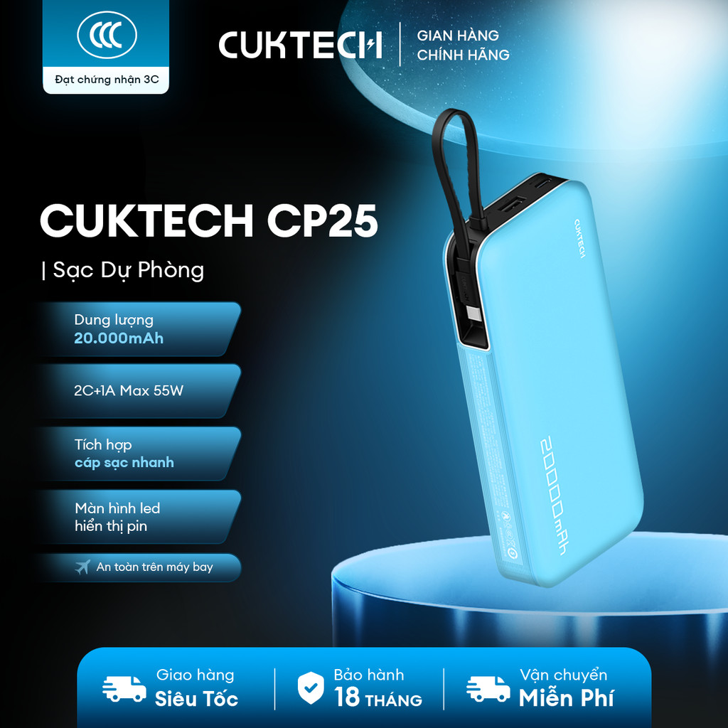 CUKTECH CP25 Sạc Di Động Kèm Cáp | Sạc Nhanh 55W Max | Dung Lượng 20.000mAh | Bảo Hành 18 Tháng PB20