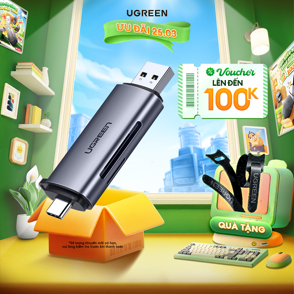Đầu đọc thẻ USB Type-C với 2 khe thẻ cắm SD và OTG UGREEN CM185 | Bảo hành 18 tháng 1 đổi 1 50704 50706