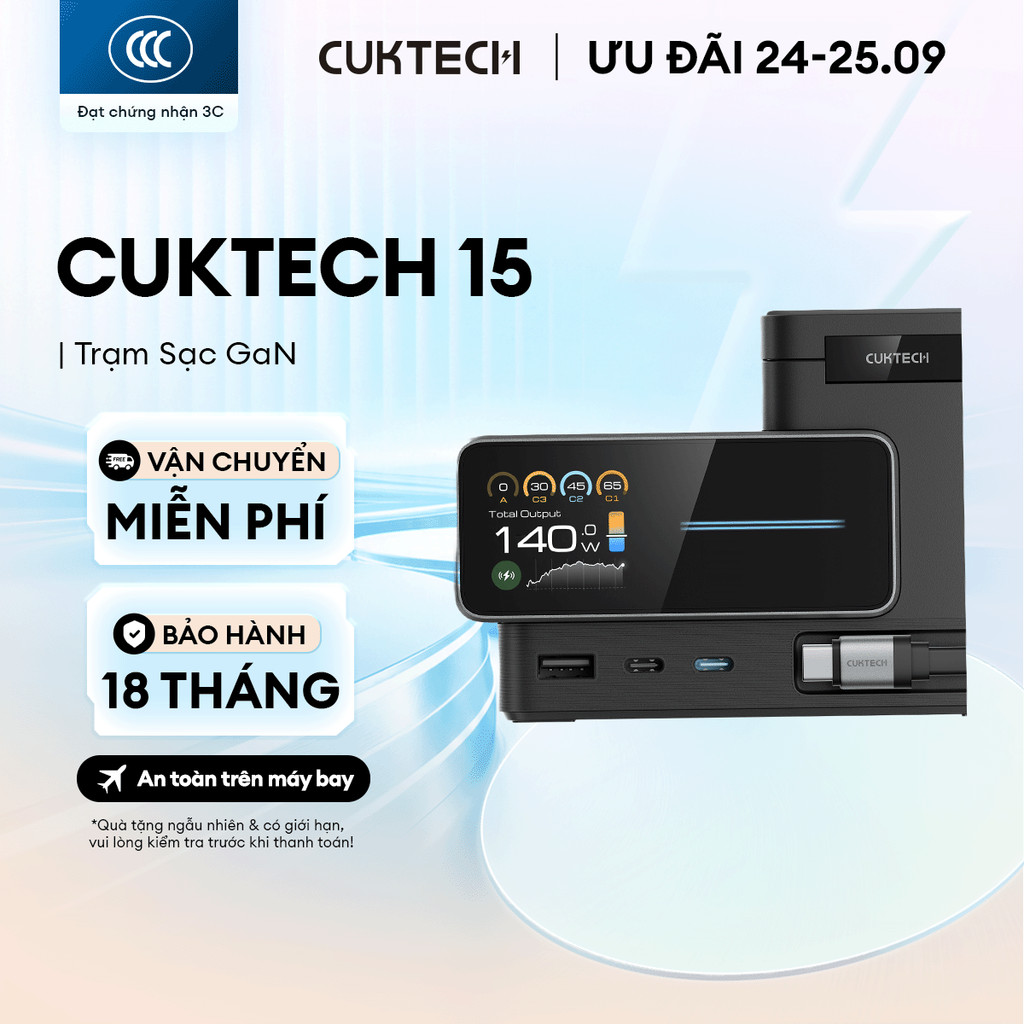 Trạm Sạc GaN CUKTECH 15 6in1 | AVS 60W | Công Suất Max 140W | Màn Hình 1.83 Inch | Bảo Hành 18 Tháng TA1406U