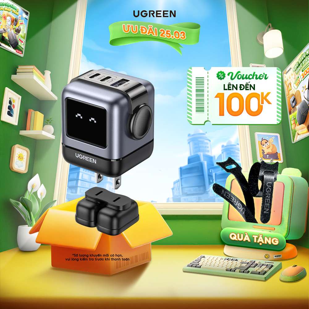 Củ sạc nhanh Robot 65W UGREEN GaN CD361 | Sạc đồng thời 3 thiết bị | Màn hình LCD | Bảo hành 18 thán