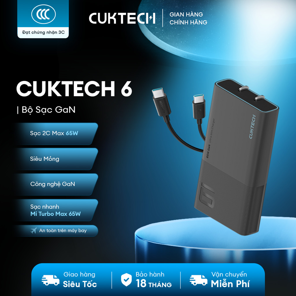 Củ Sạc GaN CUKTECH AD652S 2C | Cống Suất 65W Max | Hỗ Trợ Sạc Nhanh | Thiết Kế Siêu Mỏng | Bảo Hành 