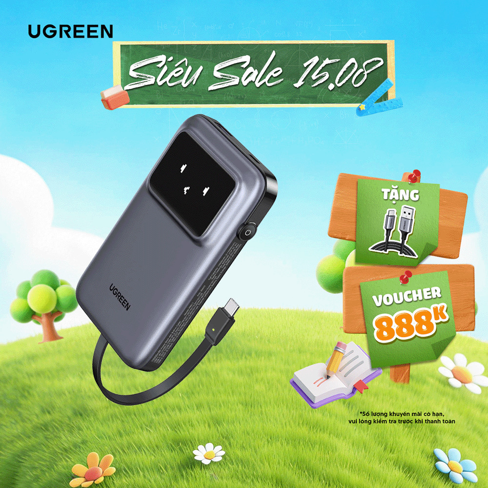 Pin Ugreen PB511 10000mAh | 30W | Sử Dụng Lõi Pin Li-Po | Tích Hợp Cáp USB-C | Bảo Hành 18 Tháng 1 Đ