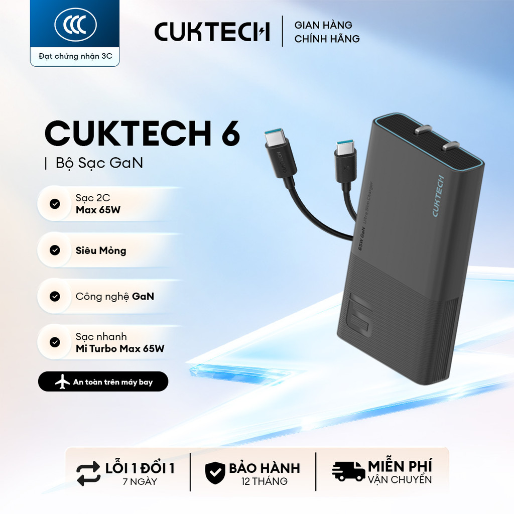 Củ Sạc GaN CUKTECH AD652S 2C | Cống Suất 65W Max | Hỗ Trợ Sạc Nhanh | Thiết Kế Siêu Mỏng | Bảo Hành 18 Tháng