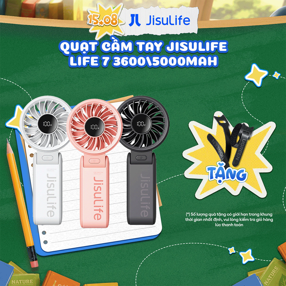 Quạt Cầm Tay Mini JISULIFE Life 7 5 Cấp Gió Màn Hình LED Gập 150 Độ 3600/5000mAh, Bảo Hành 12 Tháng