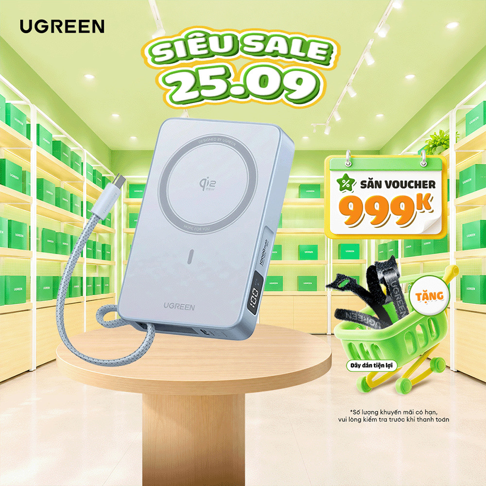 Sạc di động Qi2.2 Ugreen PB773 | Sạc không dây 25W/ Có dây 30W | 10000mAh | BH 18 tháng 1 đổi 1 | 65