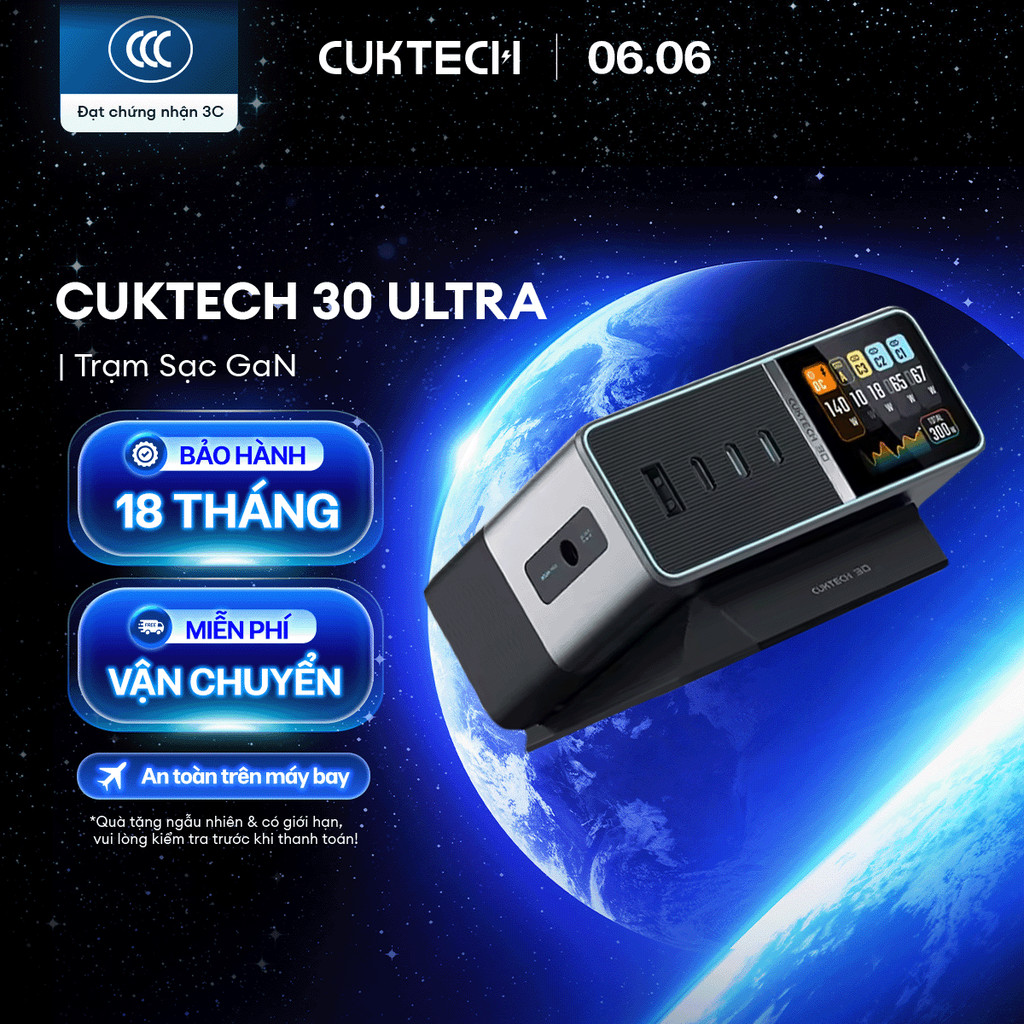 Trạm Sạc GaN CUKTECH 30 ULTRA 3C1A1DC | Công Suất Max 300W | Màn Hình 1.83 Inch | Bảo Hành 18 Tháng 