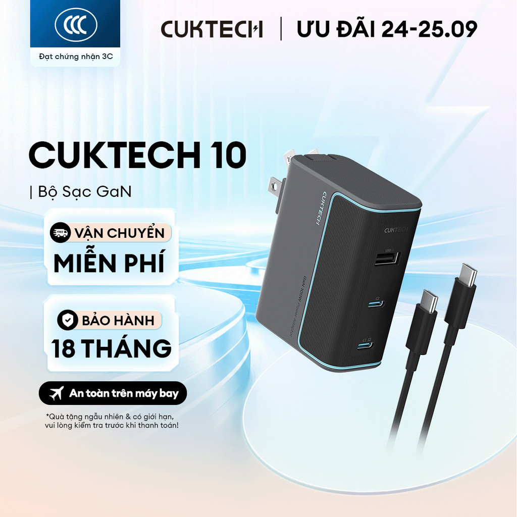 Củ Sạc GaN CUKTECH 10 2C1A | Công Suất 100W Max | Hỗ Trợ Sạc Nhanh | 3 Cổng | Bảo Hành 18 Tháng AD1003
