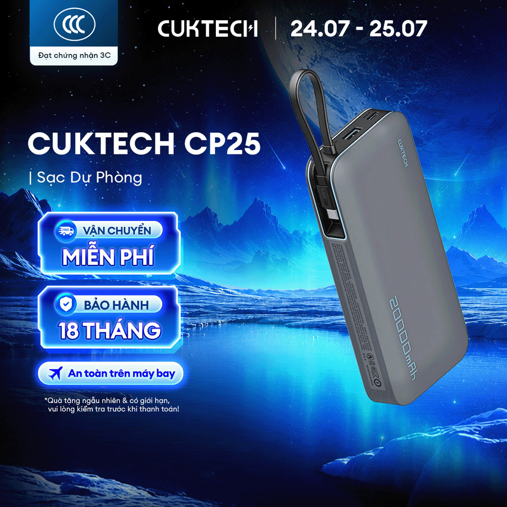 CUKTECH CP25 Sạc Di Động 2C1A Kèm Cáp | Sạc Nhanh 55W Max | Dung Lượng 20.000mAh | Bảo Hành 18 Tháng