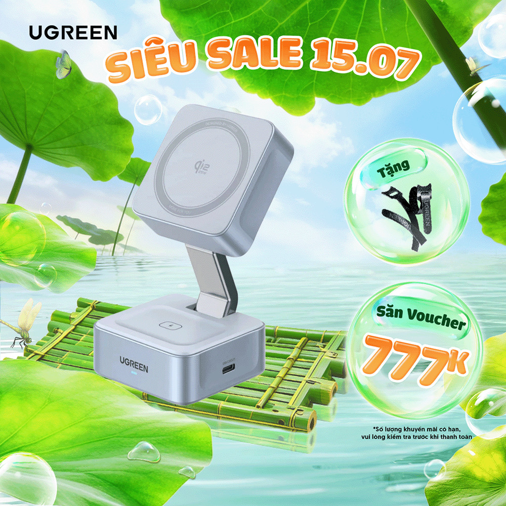 Đế sạc không dây từ tính 2 trong 1 UGREEN MagFlow | Chuẩn Qi2 25W | Tương thích MagSafe | BH 18 thán